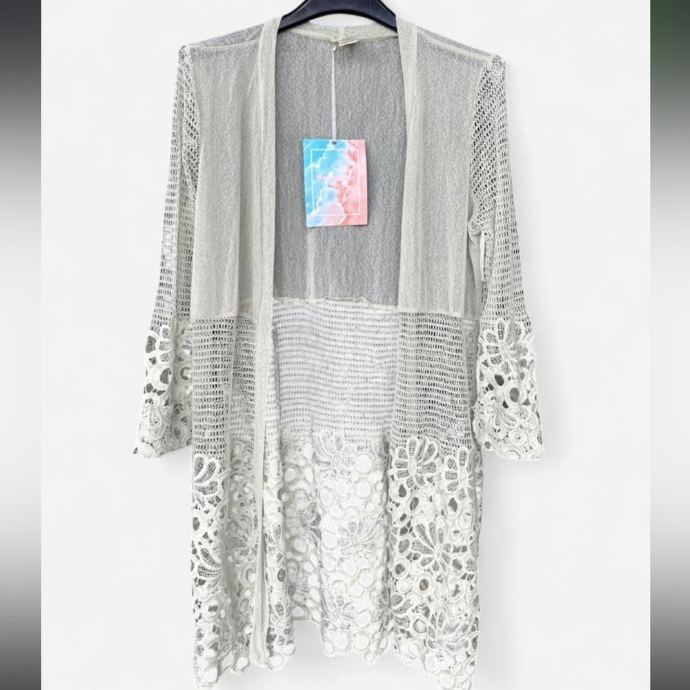 Light Green  Lace Crochet Open Front kimono Cardigan